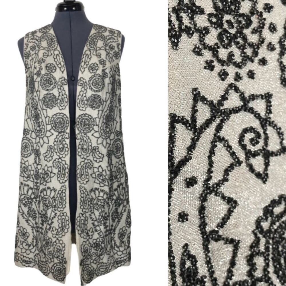 Vintage Open Front Beaded Long Vest Caftan Metallic Silver and White Paisley